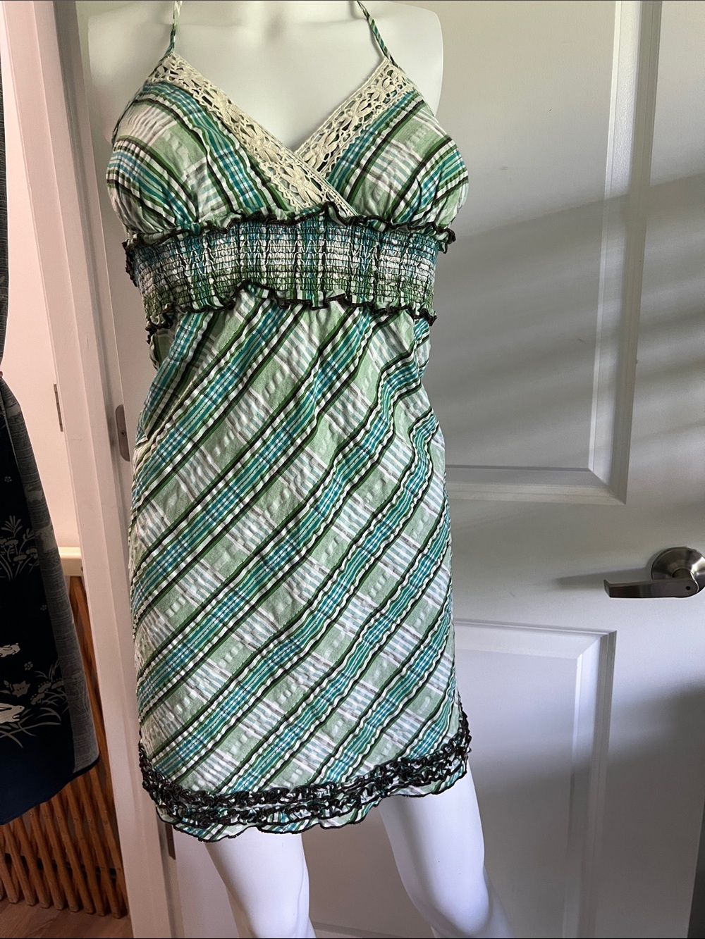 HeartSoul Green and Teal Striped Smocked Mini Dress with Lace Trim